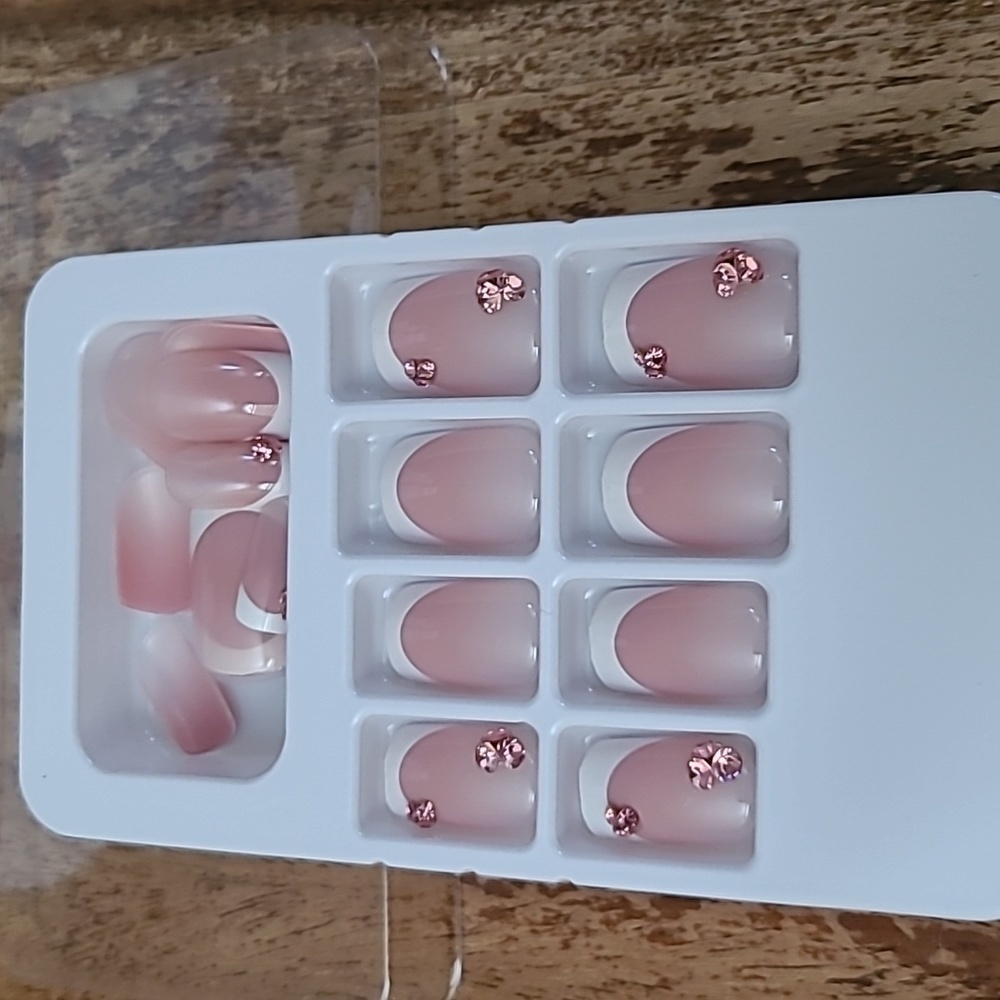 Pink Rhinestone French Manicure Press On Nails - Picture 7 of 14